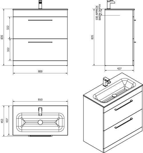 Technical image of Italia Furniture 800mm Vanity Unit With Drawers & Black Basin (Gloss White).