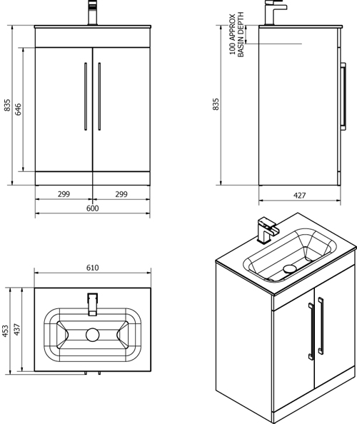 Technical image of Italia Furniture 600mm Vanity Unit With Black Glass Basin (Black).