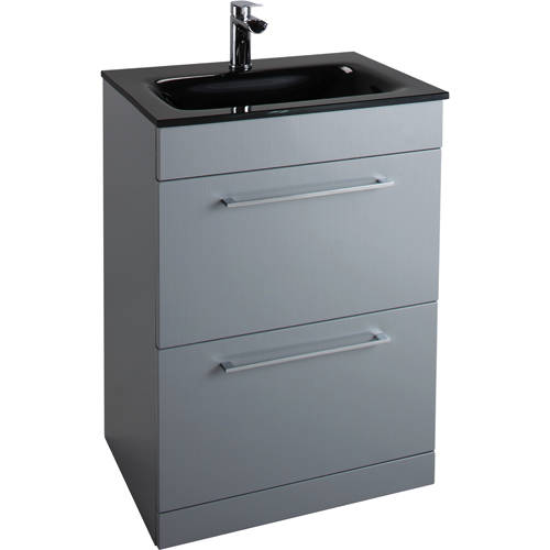 Larger image of Italia Furniture 600mm Vanity Unit With Drawers & Black Glass Basin (Grey).