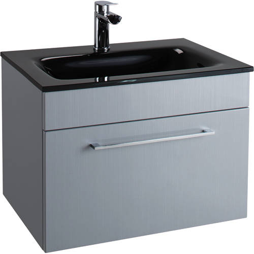 Larger image of Italia Furniture 600mm Vanity Unit With Drawer & Black Glass Basin (Grey).