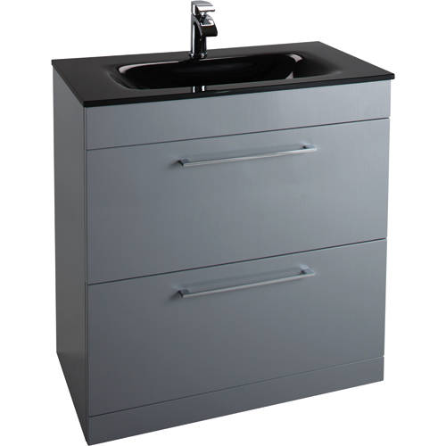 Larger image of Italia Furniture 800mm Vanity Unit With Drawers & Black Glass Basin (Grey).