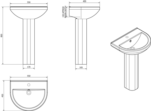 Technical image of Oxford Ivo Basin & Pedestal (1 Tap Hole).