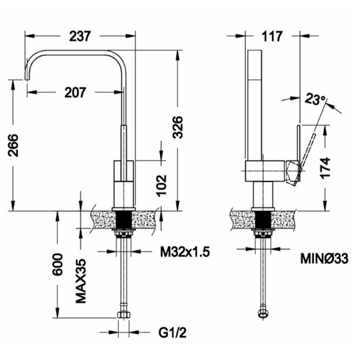 Technical image of Hydra Megan Kitchen Tap With Single Lever Control (Chrome).