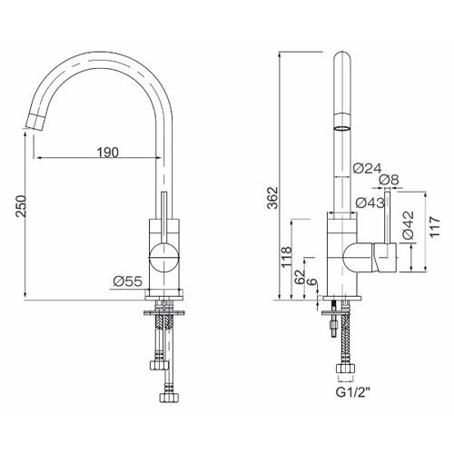 Technical image of Hydra Chloe Kitchen Tap With Swivel Spout (Chrome).