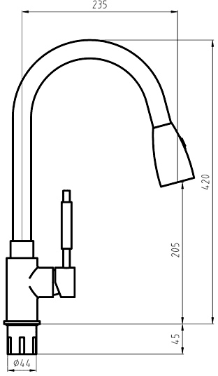 Technical image of Hydra Lily Kitchen Tap With Pull Out Spray Rinser (Brushed Steel).