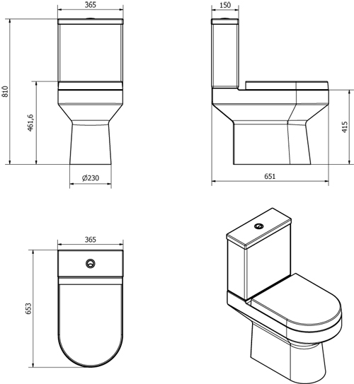 Technical image of Oxford Montego Close Coupled Toilet With Cistern & Seat (WRAS approved).