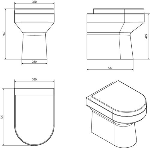 Technical image of Oxford Montego D Shaped Back To Wall Toilet Pan & Soft Close Seat.