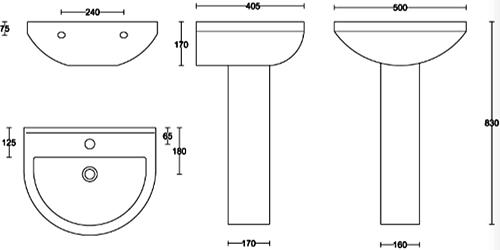 Technical image of Oxford Montego Bathroom Suite, BTW Toilet Pan, Seat, Basin & Pedestal.