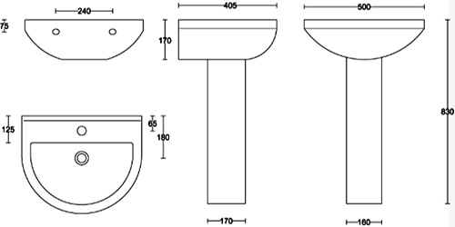 Technical image of Oxford Montego Bathroom Suite, Comfort Pan, Seat, Basin & Pedestal.