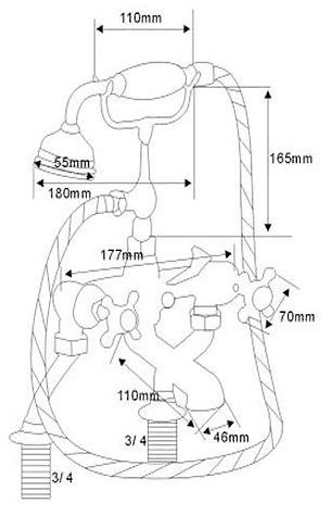 Technical image of Hydra Oxford 3/4" Bath Shower Mixer Tap With Shower Kit (Chrome).