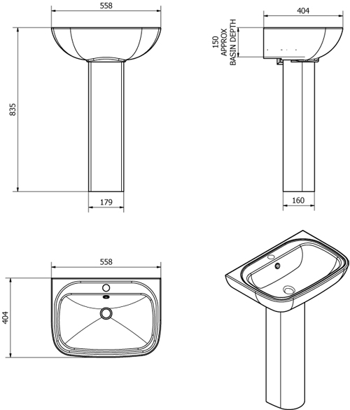 Technical image of Oxford Unison Bathroom Suite With Toilet, Cistern, Seat, Basin & Full Pedestal.