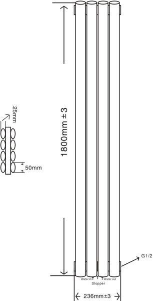 Technical image of Oxford Celsius Double Panel Vertical Radiator 1800x236mm (White).