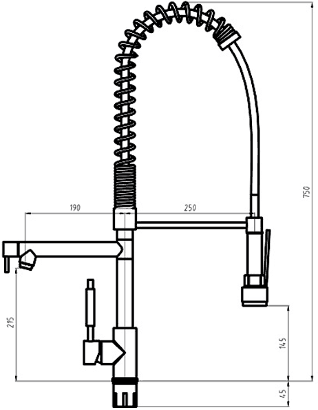 Technical image of Hydra Professional kitchen tap with rinser and swivel spout. 750mm High.