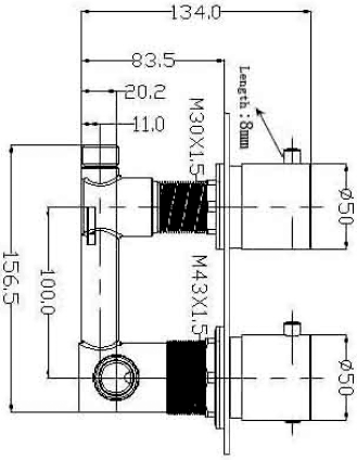 Technical image of Hydra Showers Twin Thermostatic Shower Valve, Ceiling Arm & Star Head.