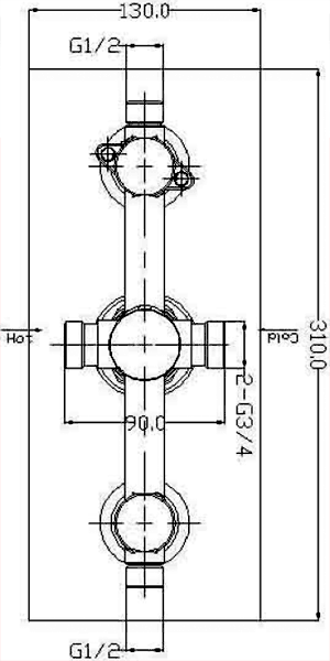 Technical image of Hydra Showers Triple Thermostatic Shower Set, Handset & Square Head.