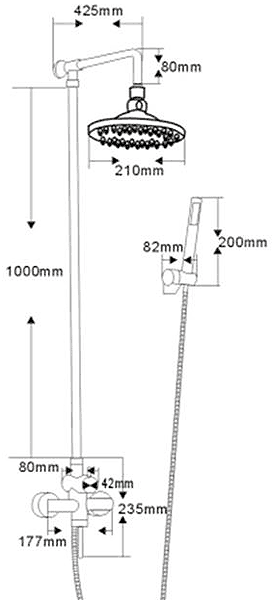 Technical image of Hydra Showers Manual Shower Set With Valve, Riser & Shower Head.