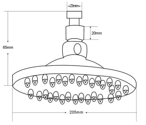 Technical image of Hydra Showers Round Shower Head With Swivel Knuckle (205mm, Chrome).