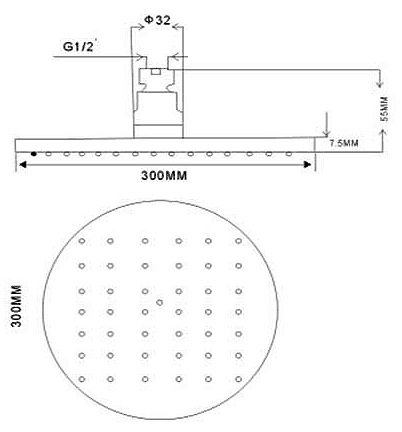 Technical image of Hydra Showers Large Round Shower Head & Arm (300mm, Chrome).