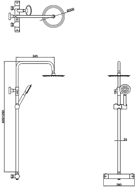 Technical image of Hydra Showers Videira Complete Thermostatic Shower Pack (Chrome).