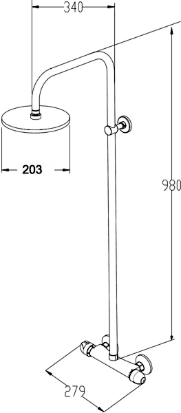 Technical image of Hydra Showers Thermostatic Bar Shower Valve With Rigid Riser Kit.