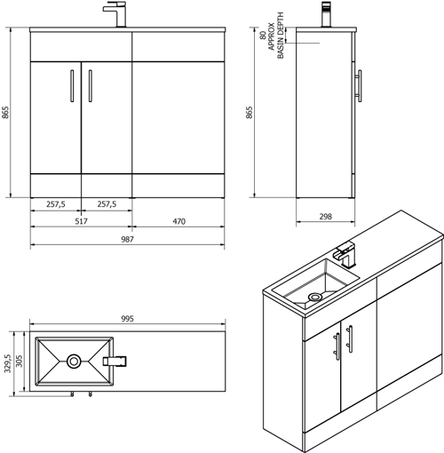 Technical image of Italia Furniture Slimline Pack With Black Ash Vanity, BTW Unit & Basin (RH).