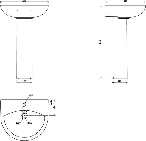 Technical image of Oxford Spek Bathroom Suite With Toilet, Slimline Seat, Basin & Full Pedestal.