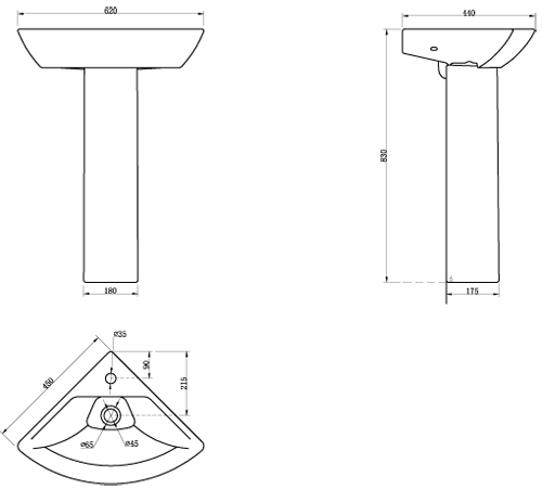 Technical image of Oxford Spek Bathroom Suite, Toilet, Wrapover Seat, Corner Basin & Pedestal.