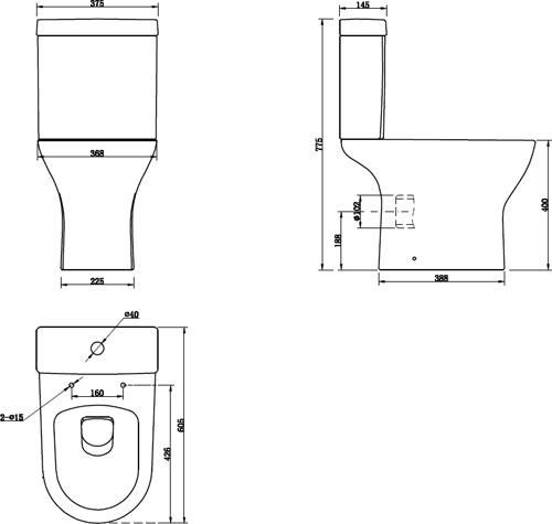 Technical image of Oxford Spek Close Coupled Toilet With Cistern & Wrapover Seat (WRAS).