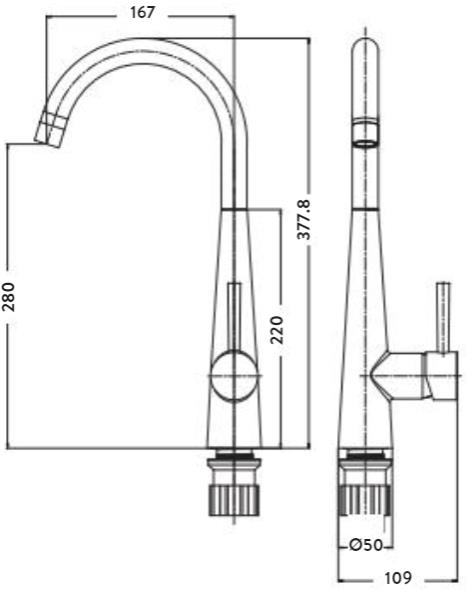 Technical image of Hydra Sulzburg Kitchen Tap With Swivel Spout (Brushed Steel).