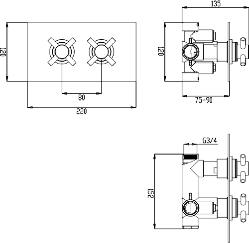 Technical image of Hydra Showers Thermostatic Twin Shower Valve With X Head Handles.