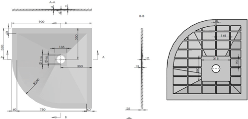 Technical image of Slate Trays Quadrant Shower Tray With Waste 900x900mm (Anthracite).