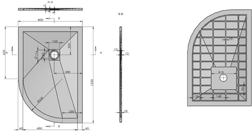 Technical image of Slate Trays Offset Quad Shower Tray With Waste 1200x800 (Anthracite, RH).