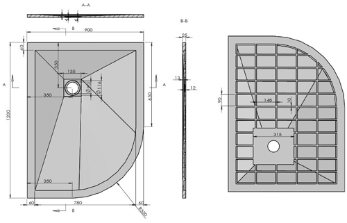 Technical image of Slate Trays Offset Quad Shower Tray With Waste 1200x900 (Anthracite, LH).