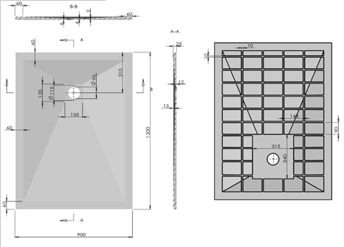 Technical image of Slate Trays Rectangular Shower Tray With Waste 1200x900mm (Anthracite).