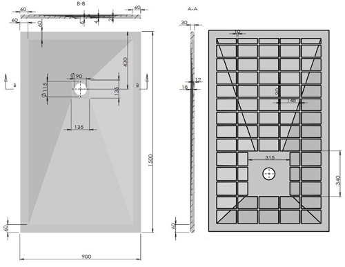 Technical image of Slate Trays Rectangular Shower Tray With Waste 1500x900mm (Anthracite).