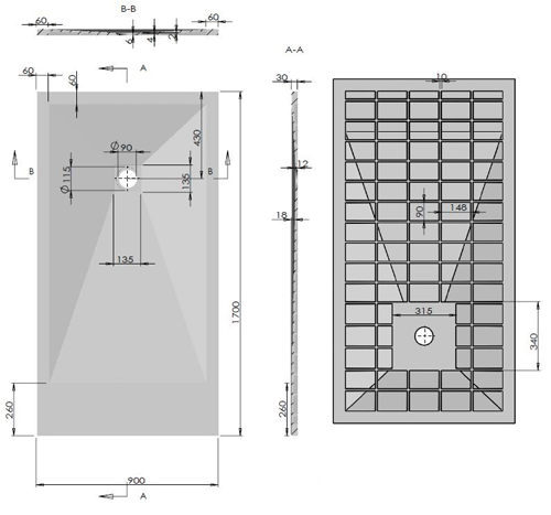 Technical image of Slate Trays Rectangular Shower Tray With Waste 1700x900mm (Anthracite).
