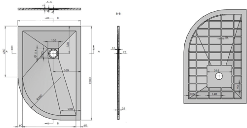 Technical image of Slate Trays Offset Quad Shower Tray With Waste 1200x900mm (White, RH).