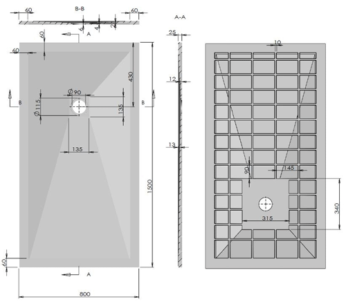 Technical image of Slate Trays Rectangular Shower Tray With Waste 1500x800mm (White).