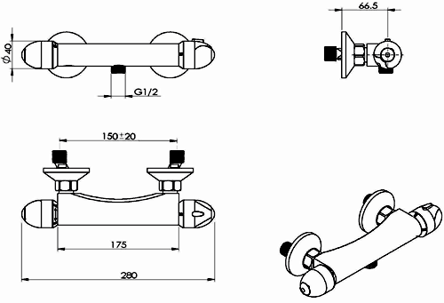 Technical image of Hydra Showers Thermostatic Bar Shower Valve (Chrome).