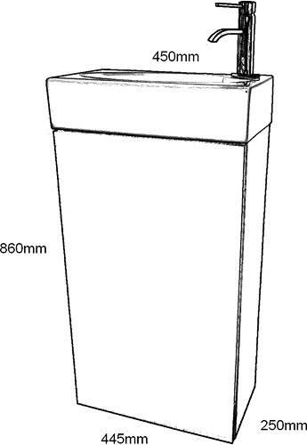 Technical image of Hydra Cloakroom Vanity Unit With Basin (Green), Size 450x860mm.