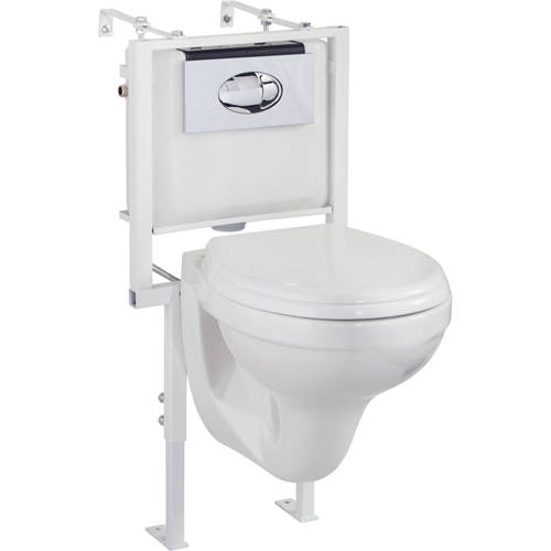 Larger image of Oxford Wall Hung Toilet Pan With Seat, Wall Frame, Concealed Cistern & Button.