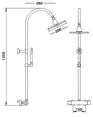 Technical image of Hydra Complete Manual Shower Set With Valve, Riser And Cloudburst Head.