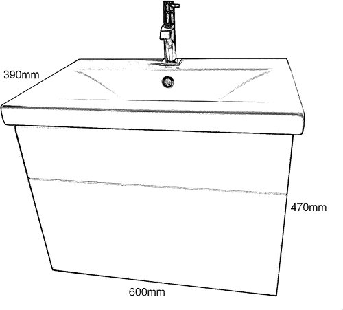 Technical image of Hydra Wall Hung Vanity Unit With Drawer & Basin (Black), Size 600x390mm.