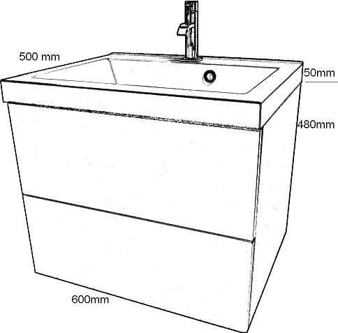 Technical image of Hydra Wall Hung Vanity Unit With Drawer & Basin (Green), 600x500mm.