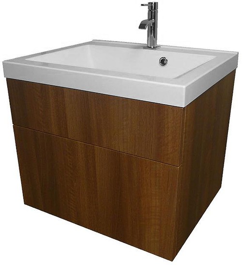 Larger image of Hydra Wall Hung Vanity Unit With Drawer & Basin (Light Walnut), 600x500mm.
