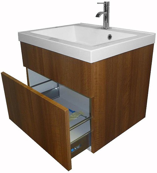 Example image of Hydra Wall Hung Vanity Unit With Drawer & Basin (Light Walnut), 600x500mm.