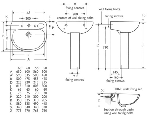 Technical image of Ideal Standard Studio 2 Tap Hole Basin And Pedestal. 560mm.