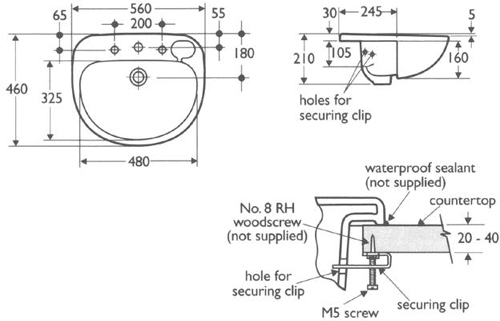 Technical image of Ideal Standard Studio 2 Tap Hole Semi Recess Basin. 560mm.