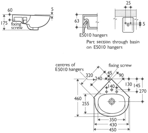Technical image of Ideal Standard Studio 2 Tap Hole Corner Basin And Pedestal. 450mm.