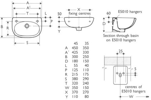 Technical image of Ideal Standard Studio 2 Tap Hole Wall Hung Basin With Hangers. 355mm.